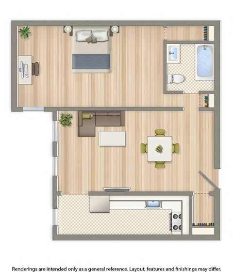Floor plan for 1 bed, 1 bath, 580 sqft